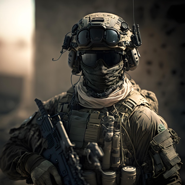 Soldado do exército em uniformes de combate com fuzil de assalto, porta-placa e capacete de combate estão ligados