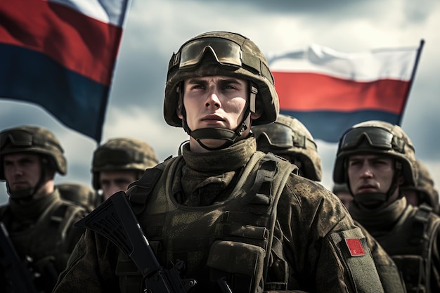 Soldado do Exército Russo com bandeira Soldados do exército russo com a bandeira da Rússia no fundo Ai gerado