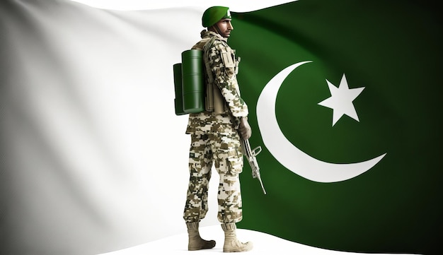 Soldado do Paquistão com bandeira Generative Ai