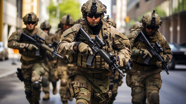 Soldado dos EUA em uniforme militar controla uma IA geradora de quadrocóptero