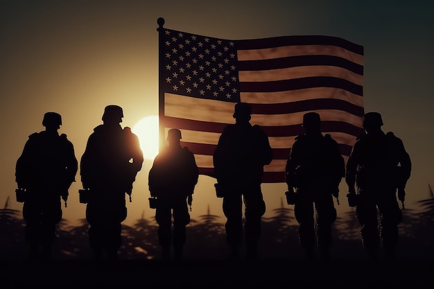 Soldado del ejército de EE. UU. Con la bandera de la nación Tarjeta de felicitación para el Día de los Veteranos Día de los Caídos Día de la Independencia AI