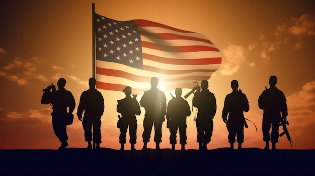Soldado del ejército de EE. UU. Saludando sobre un fondo de puesta de sol o amanecer y bandera de EE. UU. Tarjeta de felicitación para el Día de los Veteranos Día de los Caídos Día de la Independencia
