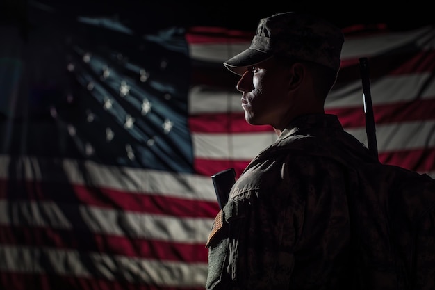 Foto soldado del ejército de los estados unidos con fondo de bandera estadounidense