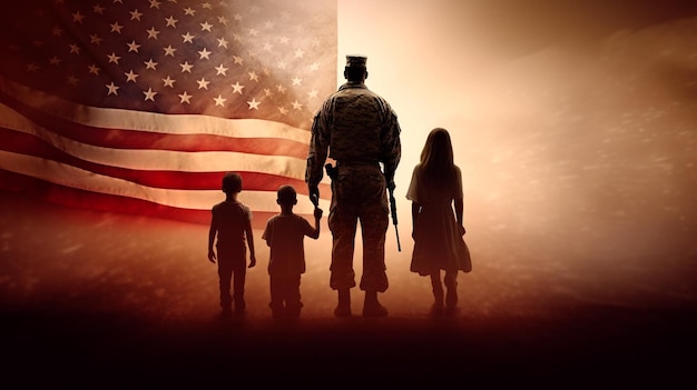 Soldado em capacete militar de pé com bandeira americana no fundo