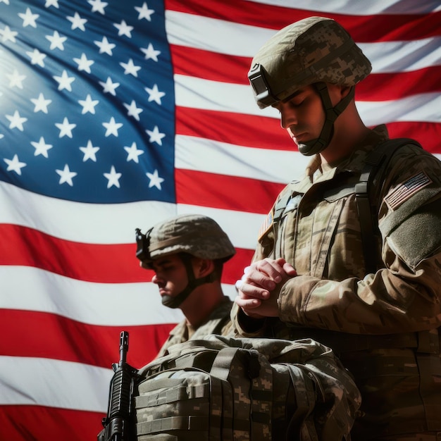 Soldado em frente à bandeira dos Estados Unidos no Dia dos Veteranos ou Memorial