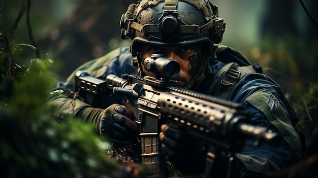 soldado em uniforme de camuflagem com arma e rifle no fundo