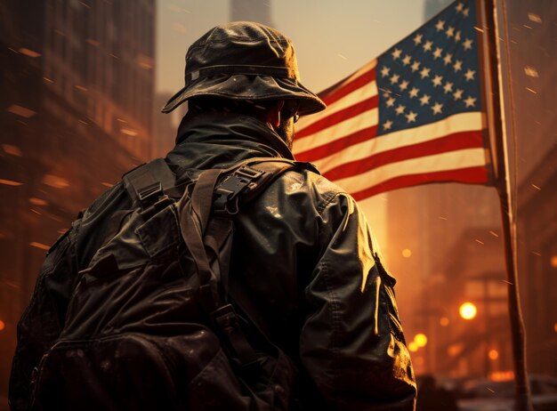 Foto soldado em uniforme militar no fundo da bandeira americana