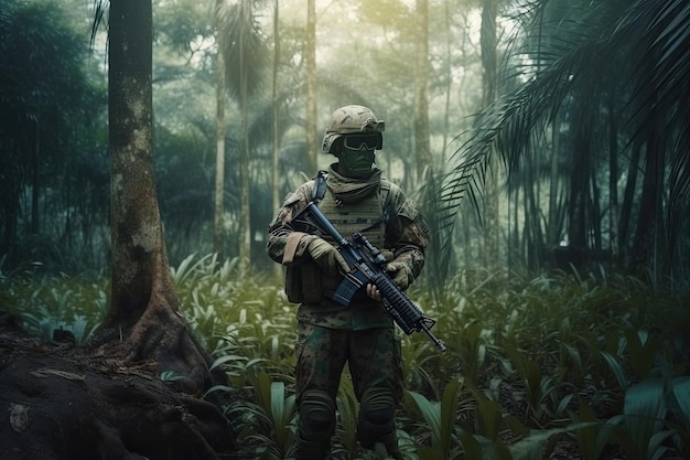 Un soldado emerge de la selva tropical en uniforme de camuflaje armado para el ejército especial