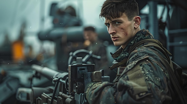 Soldado enfocado durante operaciones militares escena de guerra arenosa con mirada intensa estilo cinematográfico que evoca drama y tensión IA