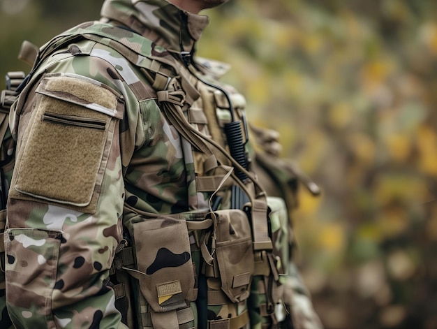 Un soldado con equipo de camuflaje de pie en el bosque