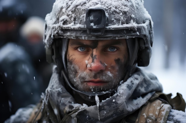 Soldado escandinavo de neve em equipamento pesado