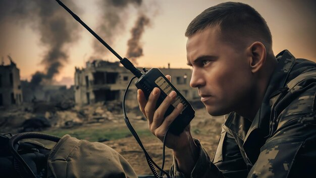 Foto soldado escuchando respuestas de comunicación de radio remota