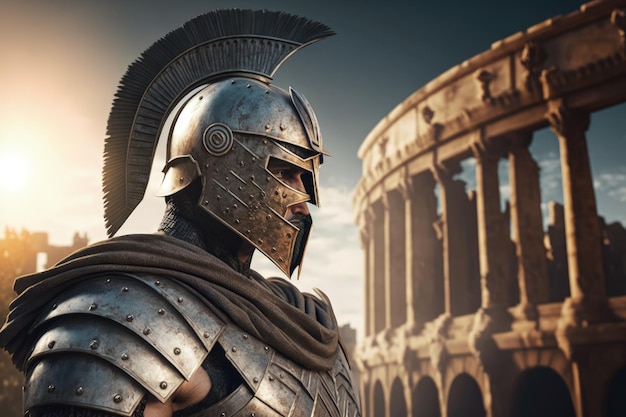 Soldado espartano y monumento griego al fondo AI