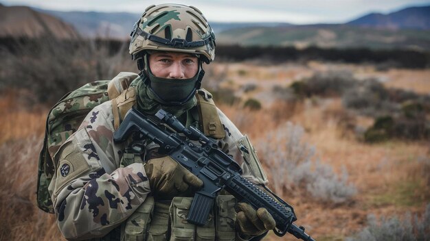 un soldado está de pie en un campo con una montaña en el fondo