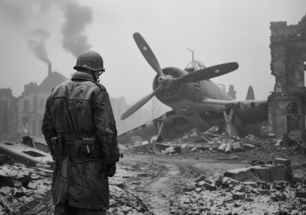 Un soldado está de pie frente a un avión destruido en una zona de guerra