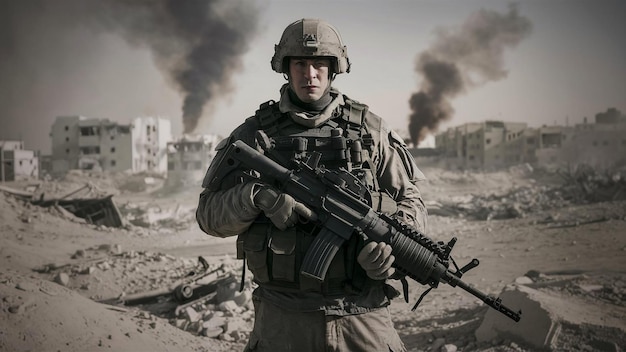 un soldado está de pie frente a un edificio con humo en el fondo