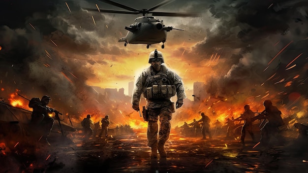 un soldado está de pie frente a un helicóptero que tiene las palabras ejército en él.