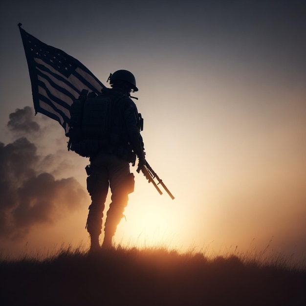 Foto un soldado estadounidense con la bandera de los estados unidos de américa