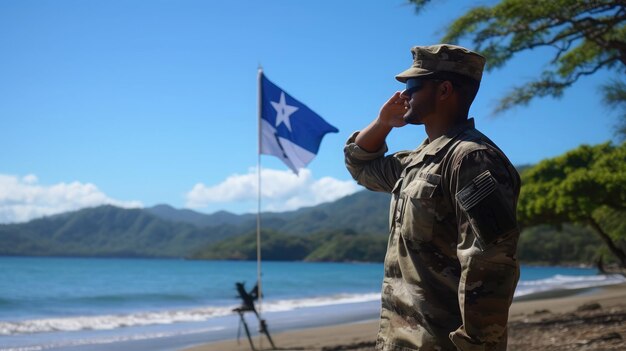 Foto soldado estadounidense con fondo de bandera