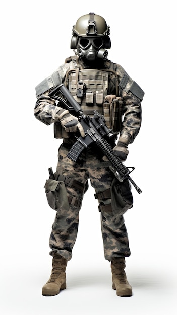 un soldado estadounidense con máscara en uniforme de combate completo contra un fondo en blanco