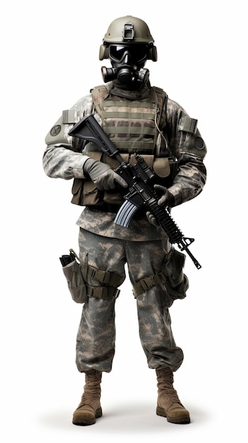 un soldado estadounidense con máscara en uniforme de combate completo contra un fondo en blanco