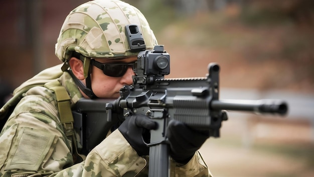 Soldado estadounidense profesional apuntando con armas de máquina