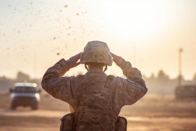 Foto soldado estadounidense respetuoso y patriótico saludando a las tropas del ejército estadounidense con orgullo y admiración