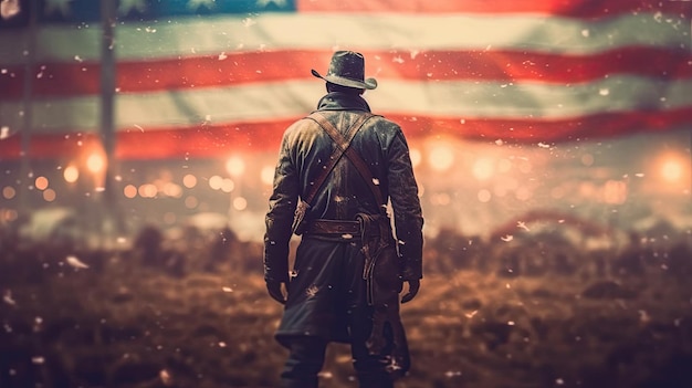 Soldado de estilo guerra civil mirando el fondo de la bandera de Estados Unidos.