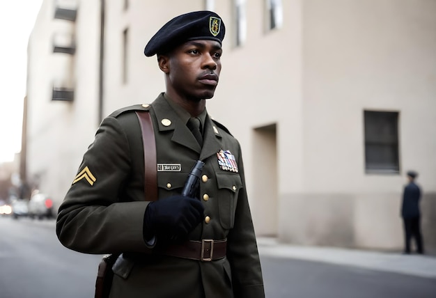 Un soldado étnico negro vestido con un uniforme del ejército camina por la calle