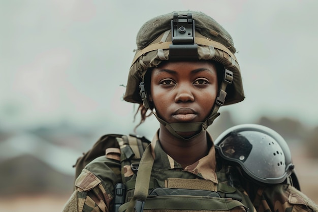 Soldado femenino en uniforme de combate en alerta con IA generada