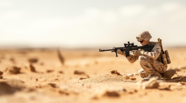 soldado fica no deserto enquanto atira em alvos com seu rifle no estilo nikon d850