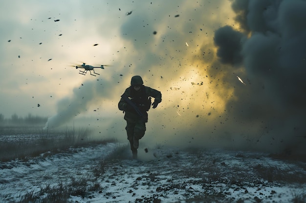 Soldado ficticio tratando de quedarse sin drones durante el día en el campo de batalla de invierno