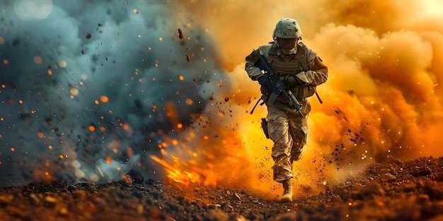 Soldado foge da explosão com arma atravessando terreno áspero ao ar livre em pânico Conceito Fotografia de Ação Movimento Militar Momentos Explosivos Escapamento Dramático Combate ao ar livre