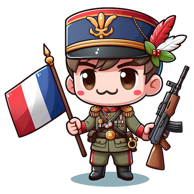 soldado de francia con un rifle y una bandera personaje de dibujos animados