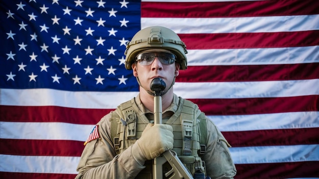 Foto un soldado frente a una bandera que dice 