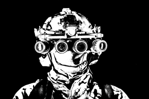 Soldado de las fuerzas especiales del ejército moderno, combatiente de escuadrón antiterrorista, guerrero de comando de élite con máscara, usando gafas de visión nocturna de cuatro lentes en condiciones de poca luz, sesión de estudio sobre fondo negro