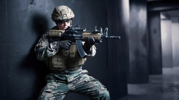 Foto soldado de las fuerzas especiales de la unidad de élite en uniforme de camuflaje posando con un rifle de asalto