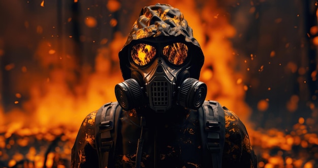Soldado futurista com máscara de gás em fundo em chamas