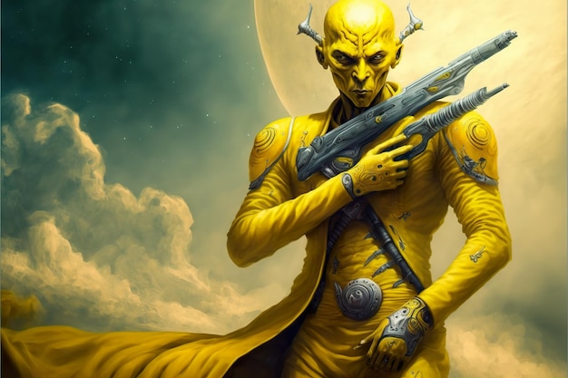 Soldado futurista em macacão amarelo