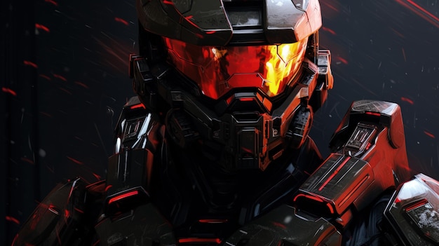 un soldado futurista en estilo Cyberpunk Acentos rojos IA generativa