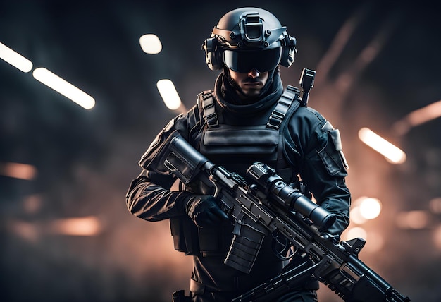 Soldado futurista con el rifle en la oscuridad