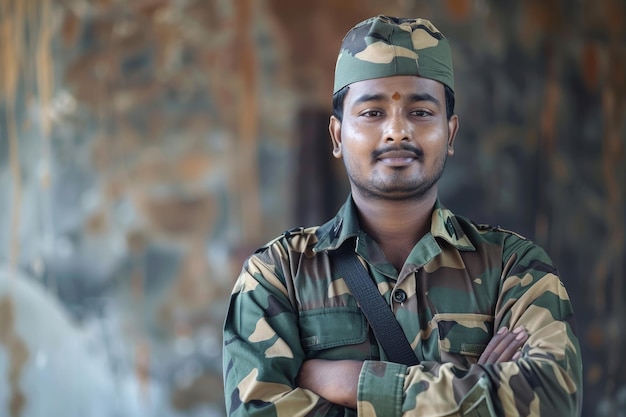 Soldado indiano orgulhoso em uniforme com um sorriso confiante