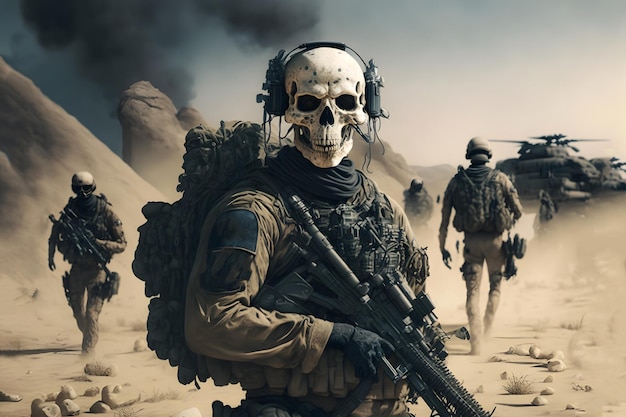 Soldado de infantería contemporáneo es un esqueleto en un desierto en un día soleado arte generado por redes neuronales