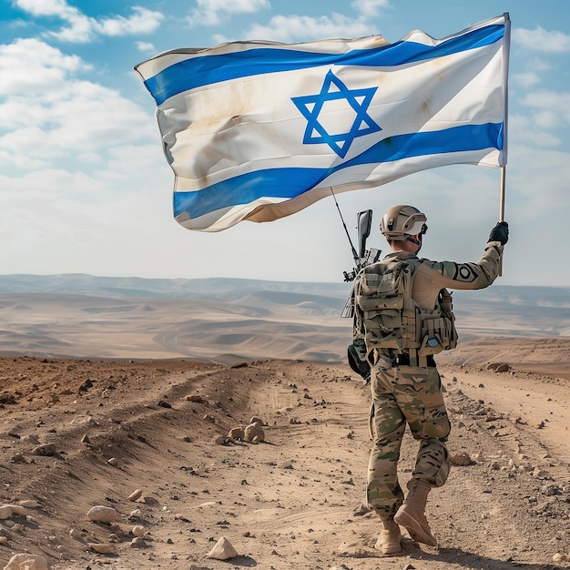 Un soldado israelí lleva la bandera israelí en el desierto