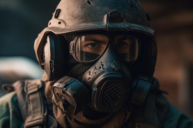 Un soldado con una máscara antigás y una máscara antigás.