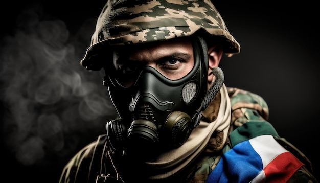 Foto un soldado con una máscara de gas con la bandera de los estados unidos
