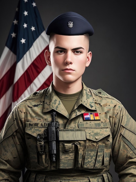 Foto soldado masculino y bandera estadounidense en el fondo servicio militar