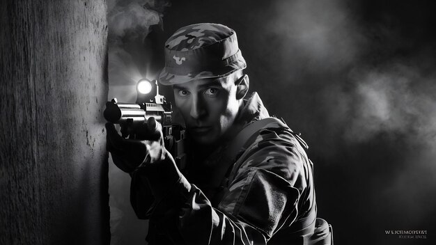 Foto soldado masculino en camuflaje apuntando con un arma a una pared oscura llena de humo