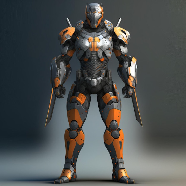 Soldado mech Scifi em um fundo escuro Guerreiro robô militar futurista Robô mech com tinta laranja Vista frontal renderização em 3D