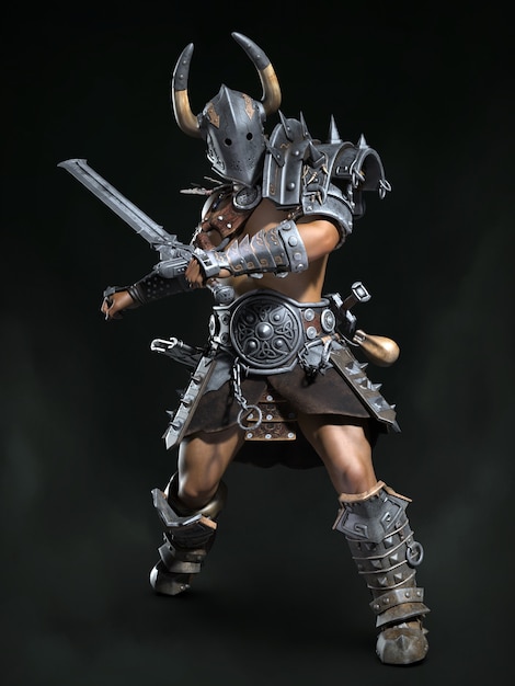 Soldado medieval, o bárbaro. Ilustração 3D